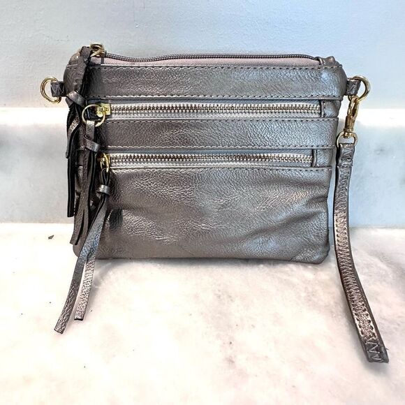 Multi Zippered Pocket Tassel Bronze Leather Clutch Wristlet Bag Small - Picture 1 of 3